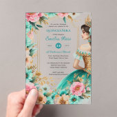 Quinceañera Blauwgroen Green Gold Mis Quince Flowe Acryl Uitnodigingen (Insitu (Draagbaar))