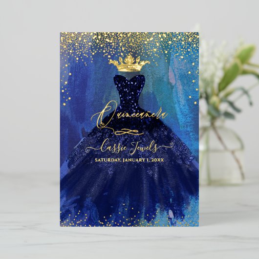 Quinceanera Blauwgroen marineblauw Waterverf Folie Uitnodiging (Staand Voorkant)