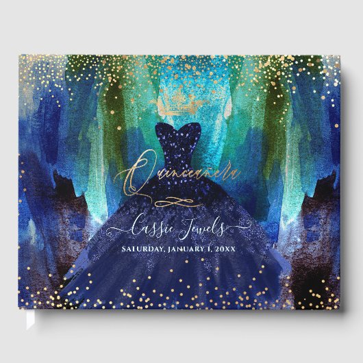 Quinceanera Blauwgroen marineblauw Waterverf Gastenboek (Voorkant)