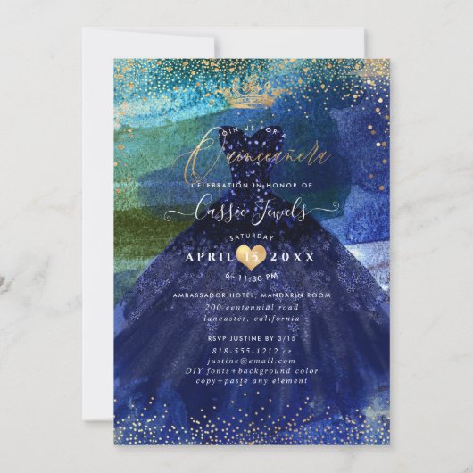 Quinceanera Blauwgroen marineblauw Waterverf Kaart (Achterkant)