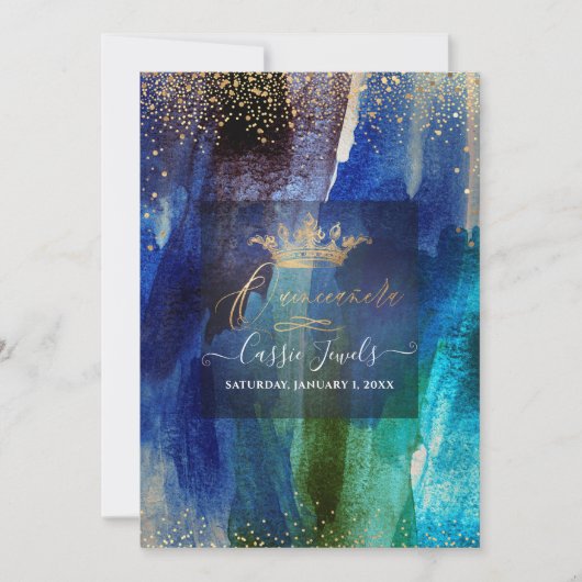 Quinceanera Blauwgroen marineblauwe Waterverf Bors Kaart (Voorkant)