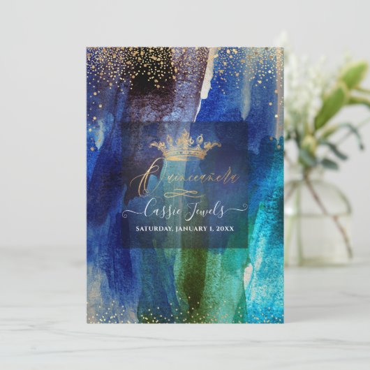 Quinceanera Blauwgroen marineblauwe Waterverf Bors Kaart (Staand voorkant)