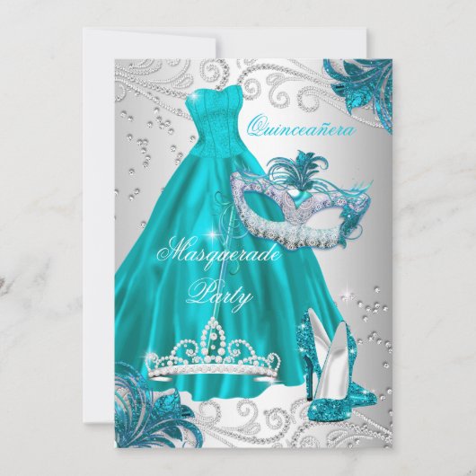 Quinceanera Blauwgroen Masker Silver Dress Masquer Kaart (Voorkant)