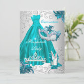 Quinceanera Blauwgroen Masker Silver Dress Masquer Kaart (Staand voorkant)