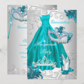 Quinceanera Blauwgroen Masker Silver Dress Masquer Kaart (Voorkant / Achterkant)
