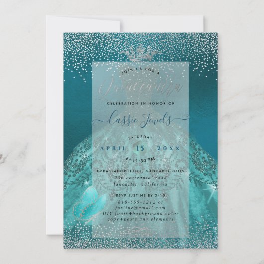 Quinceanera Blauwgroen Ombre Butterflies Princess  Kaart (Achterkant)