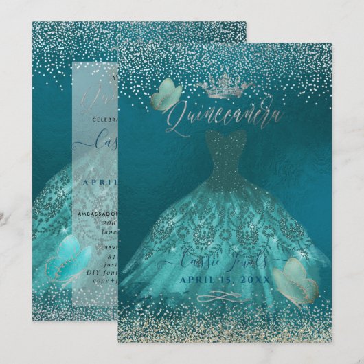Quinceanera Blauwgroen Ombre Butterflies Princess  Kaart (Voorkant / Achterkant)