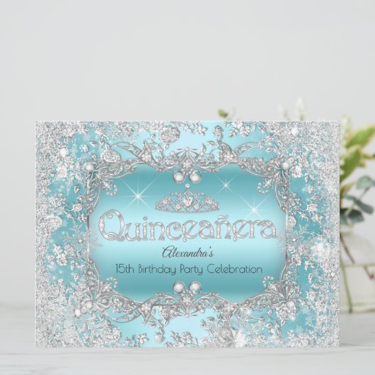 Quinceanera Blauwgroen Silver Tiara Winter Wonderl Kaart (Staand voorkant)