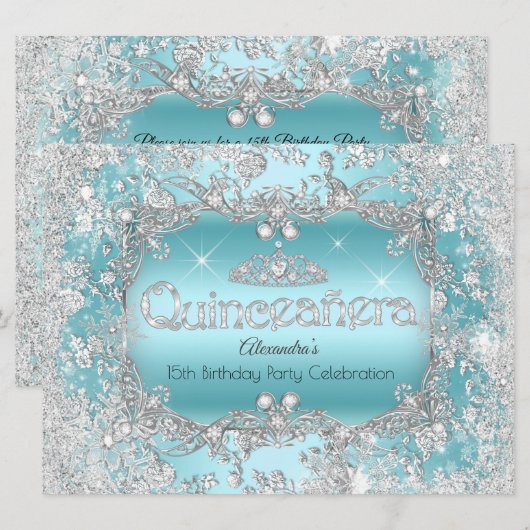 Quinceanera Blauwgroen Silver Tiara Winter Wonderl Kaart (Voorkant / Achterkant)