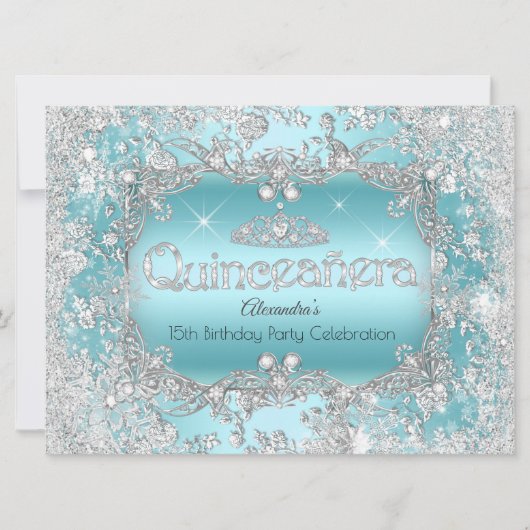 Quinceanera Blauwgroen Silver Tiara Winter Wonderl Kaart (Voorkant)