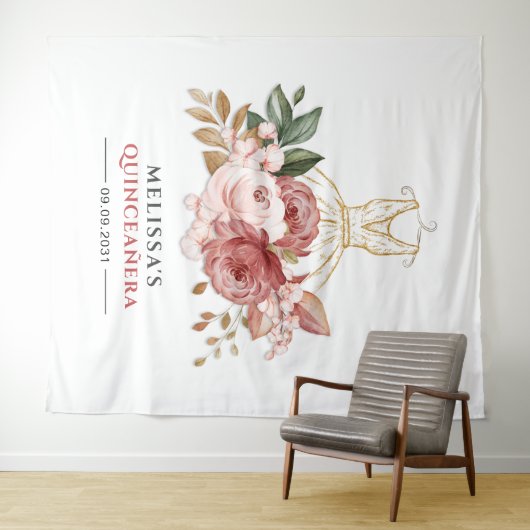 Quinceanera Bloem Faux Gouden Jurk 15e Verjaardag Wandkleed (In Situ (horizontaal))