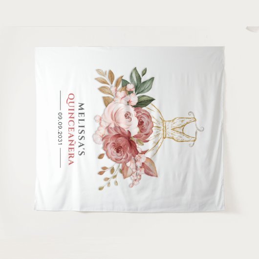 Quinceanera Bloem Faux Gouden Jurk 15e Verjaardag Wandkleed (Voorkant (horizontaal))