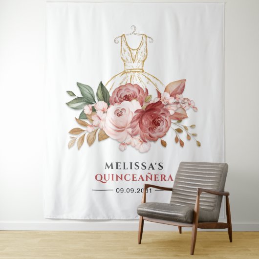 Quinceanera Bloem Faux Gouden Jurk 15e Verjaardag Wandkleed (In situ)