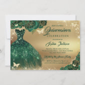 Quinceanera Bloem Sparkle Gouden Smaragd Jurk Kaart (Achterkant)