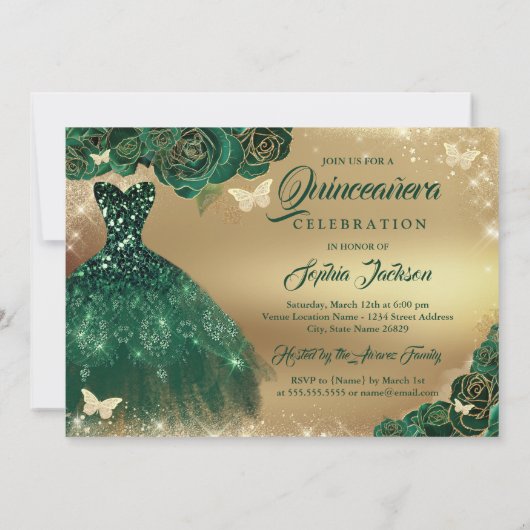 Quinceanera Bloem Sparkle Gouden Smaragd Jurk Kaart (Achterkant)