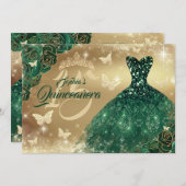 Quinceanera Bloem Sparkle Gouden Smaragd Jurk Kaart (Voorkant / Achterkant)