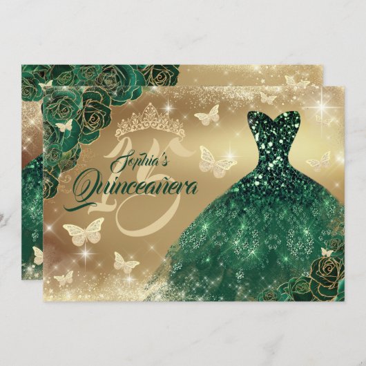 Quinceanera Bloem Sparkle Gouden Smaragd Jurk Kaart (Voorkant / Achterkant)