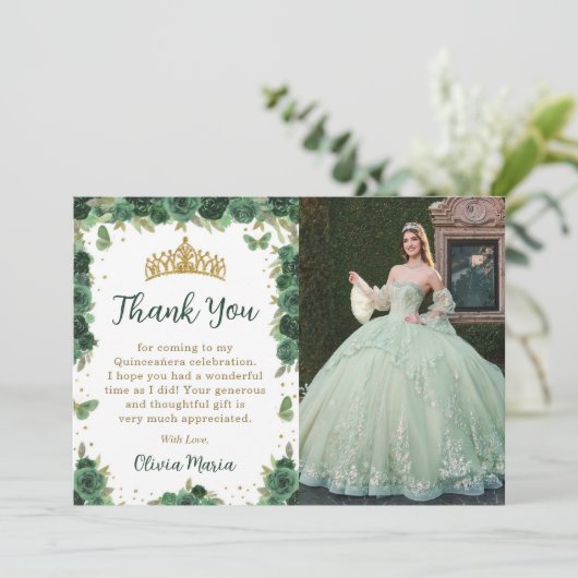 Quinceañera Bloem Vlinder Foto Bedankkaart Kaart (Staand voorkant)