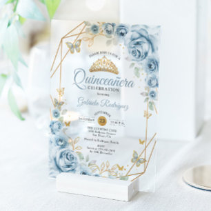 Quinceanera Bloemen Baby Blauw Goud Acryl Uitnodigingen