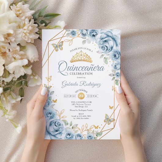 Quinceanera Bloemen Baby Blauw Goud Kaart