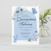 Quinceanera Bloemen Baby Blauwe Vlinders Kaart (Staand voorkant)