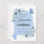 Quinceanera Bloemen Baby Blauwe Vlinders Save The Date (Voorkant)