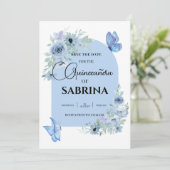 Quinceanera Bloemen Baby Blauwe Vlinders Save The Date (Staand voorkant)