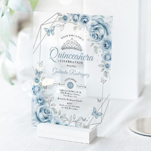 Quinceanera Bloemen Babyblauw Zilver Acryl Uitnodigingen