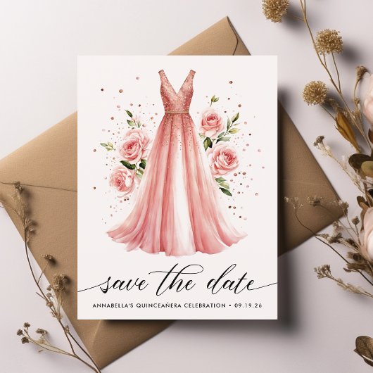 Quinceañera Bloemen Roos Gouden Jurk Save The Date Briefkaart