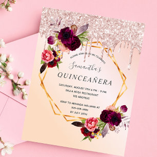 Quinceanera bloemen roze gouden glitters uitnodigi briefkaart