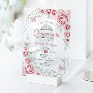 Quinceanera Bloemen Roze Zilver Acryl Uitnodigingen