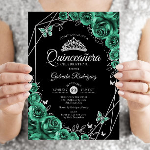 Quinceanera Bloemen Smaragdgroen Zilver Zwart Kaart