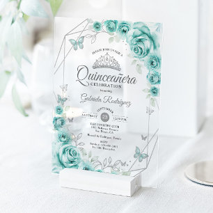 Quinceanera Bloemen Turquoise Zilver Acryl Uitnodigingen