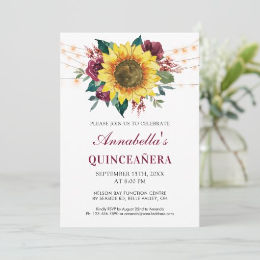 Quinceanera Bloemen Zonnebloem Lichten Partij Kaart (Staand voorkant)