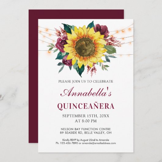 Quinceanera Bloemen Zonnebloem Lichten Partij Kaart (Voorkant / Achterkant)