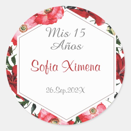 Quinceañera bloemenrood classic ronde sticker (Voorkant)