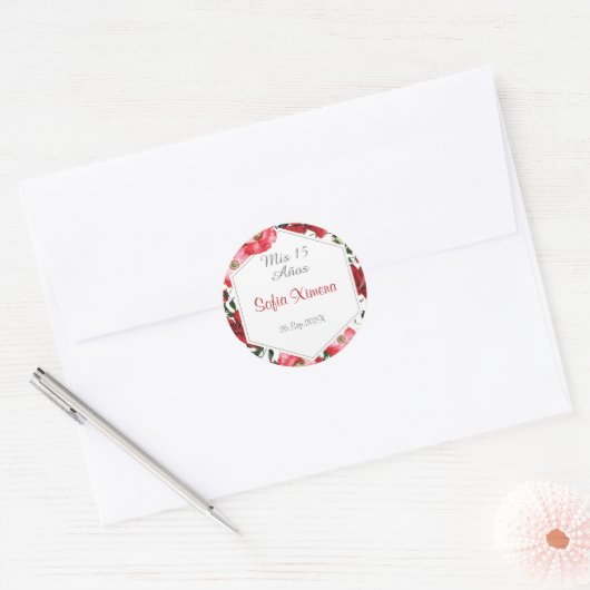 Quinceañera bloemenrood classic ronde sticker (Envelop)