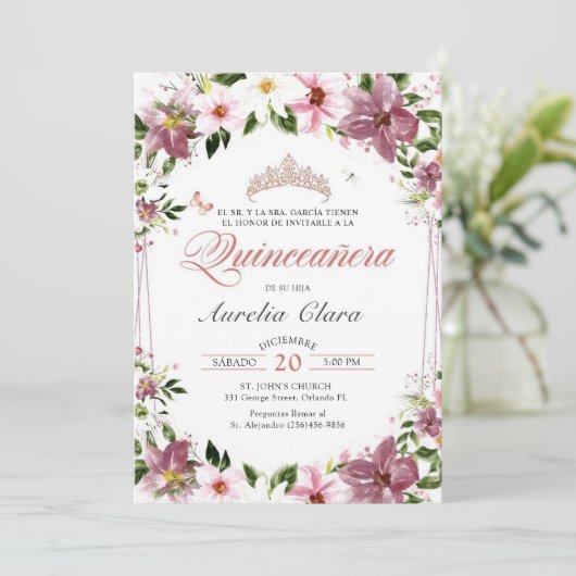 Quinceañera Bloemenvlinders Spaans Kaart (Staand voorkant)