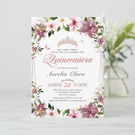 Quinceañera Bloemenvlinders Verjaardag Foto Kaart (Staand voorkant)