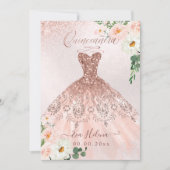 Quinceañera, bloemige glansjurk roze goud kaart (Voorkant)
