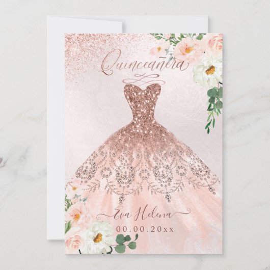 Quinceañera, bloemige glansjurk roze goud kaart (Voorkant)
