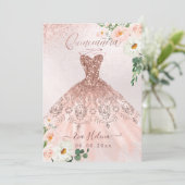Quinceañera, bloemige glansjurk roze goud kaart (Staand voorkant)
