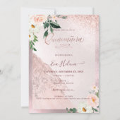 Quinceañera, bloemige glansjurk roze goud kaart (Achterkant)