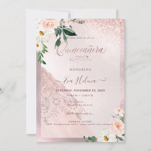 Quinceañera, bloemige glansjurk roze goud kaart (Achterkant)