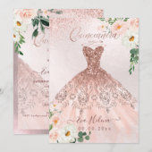 Quinceañera, bloemige glansjurk roze goud kaart (Voorkant / Achterkant)