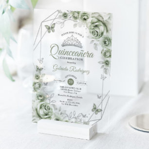 Quinceanera Bloemige Salie Groen Zilver Acryl Uitnodigingen