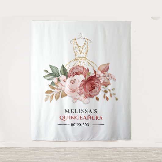Quinceanera bloemrijke namaak gouden jurk 15e verj wandkleed (Voorkant)