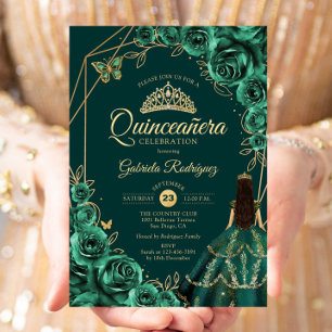 Quinceanera bloemrijke smaragd gouden jurk kaart