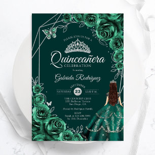 Quinceanera Bloemrijke Smaragdgroene Zilveren Jurk Kaart