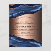 Quinceanera blue agate marmer roos goud uitnodiging briefkaart (Voorkant)